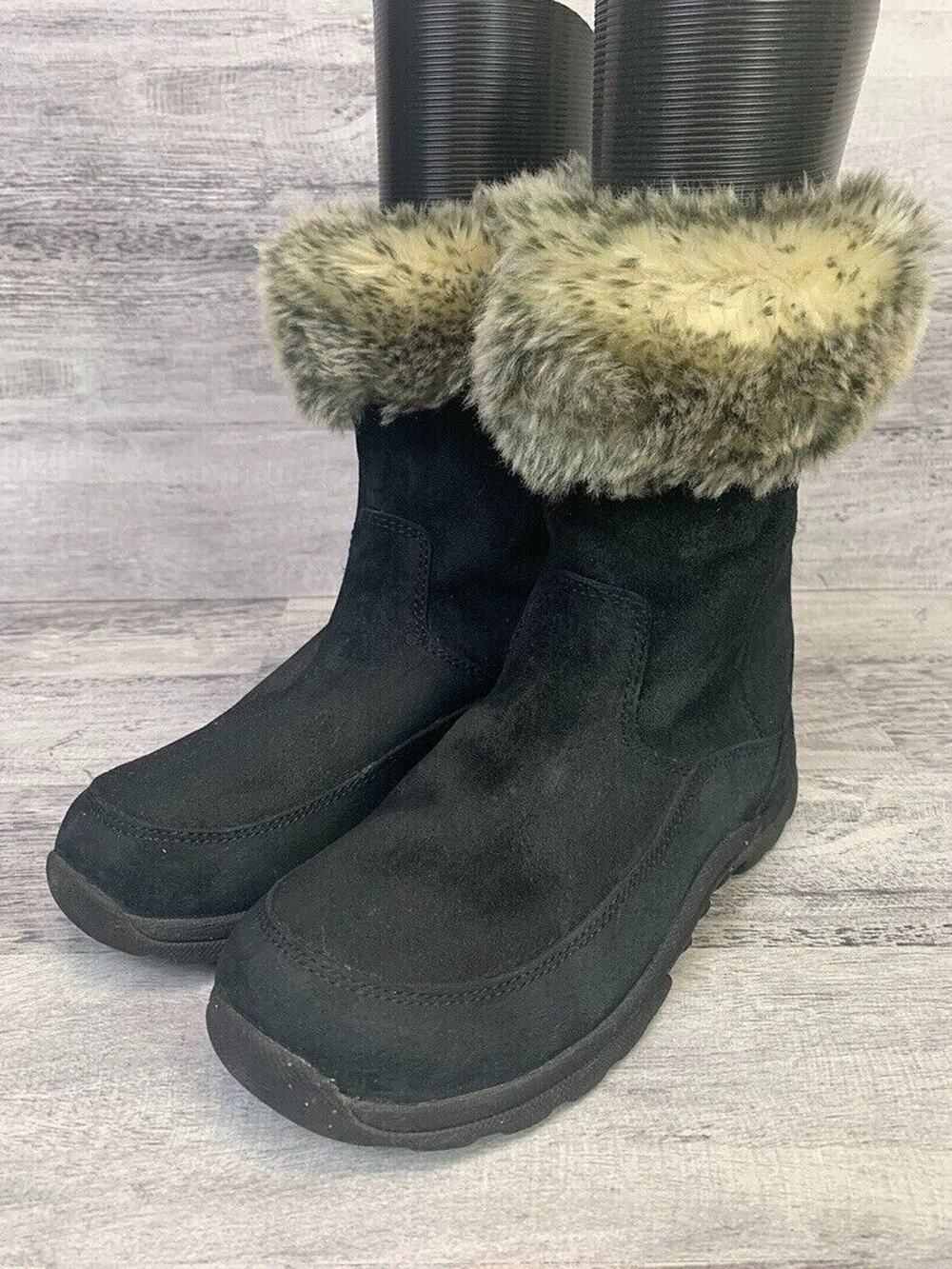 L.L. Bean Womens Short Black Suede Boots With Faux Fur Trim Size 6M